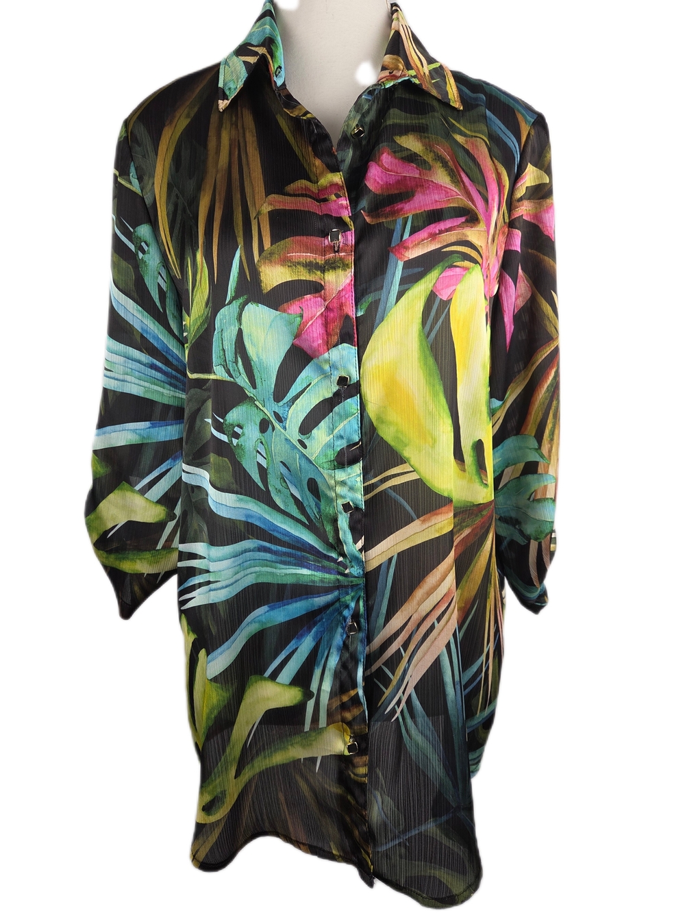 Frank Lyman Tropical Print Woven Long Blouse Style 246469 Black Multi